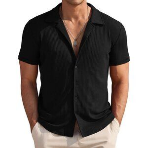 Mens Knit Button Down Shirt Short Sleeve Button Up Shirt Summer Casual Beach Top